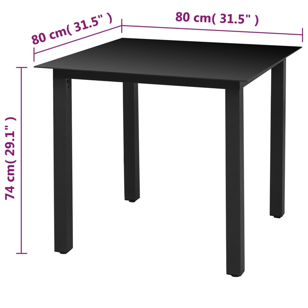 Mesa de jardim em alumínio e vidro 80x80x74 cm preto