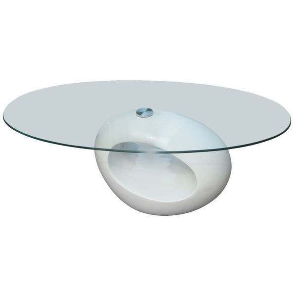 Mesa de centro com tampo oval de vidro, branco brilhante