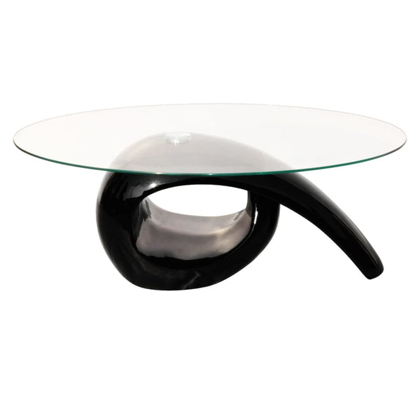 Mesa de centro com tampo oval de vidro, preto brilhante