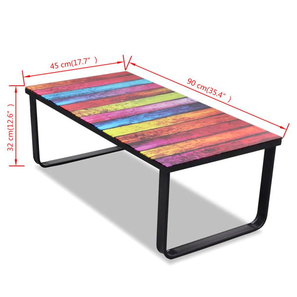 Mesa de centro, tampo de vidro com impressão de arco-íris