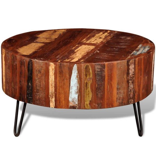 Mesa de centro redonda, madeira maciça reciclada