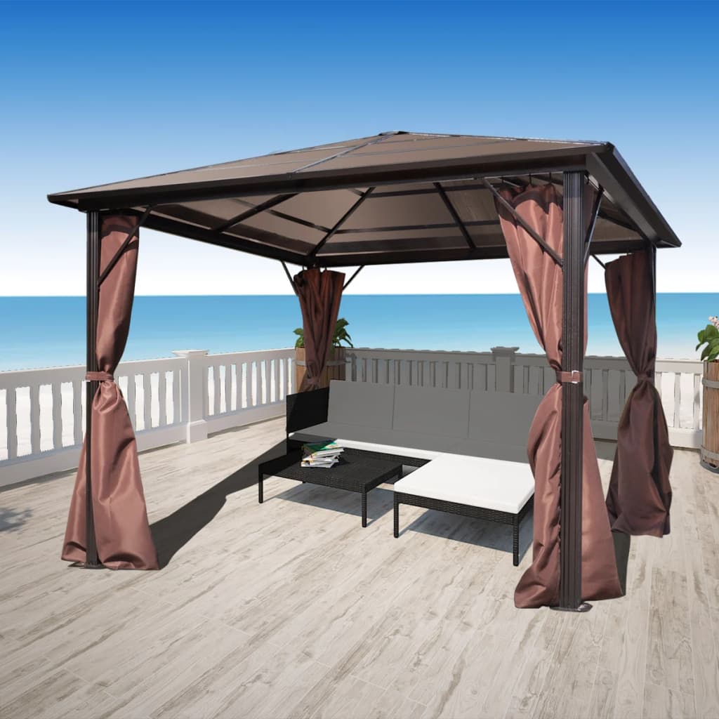 Gazebo com cortina 300 x 300 cm alumínio castanho