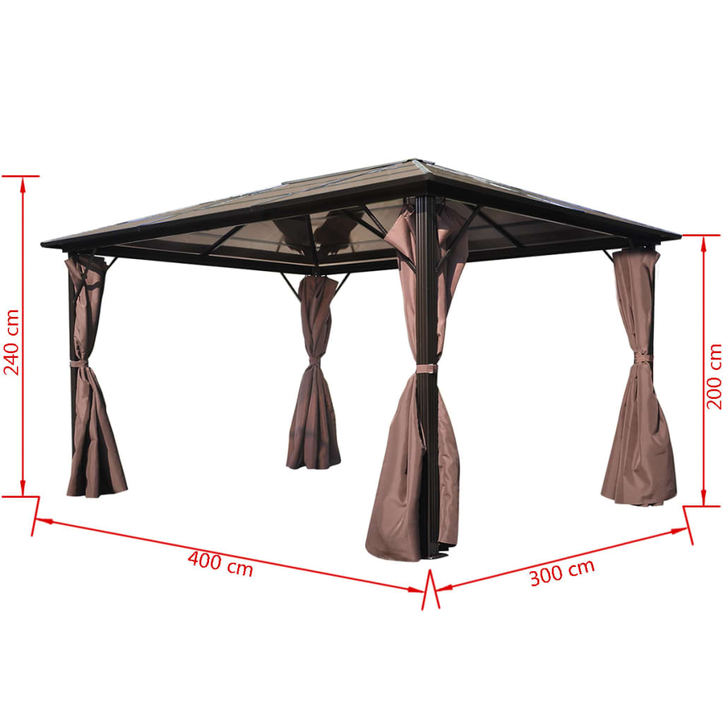 Gazebo com cortina 400 x 300 cm alumínio castanho