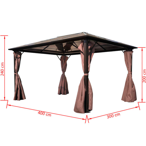 Gazebo com cortina 400 x 300 cm alumínio castanho