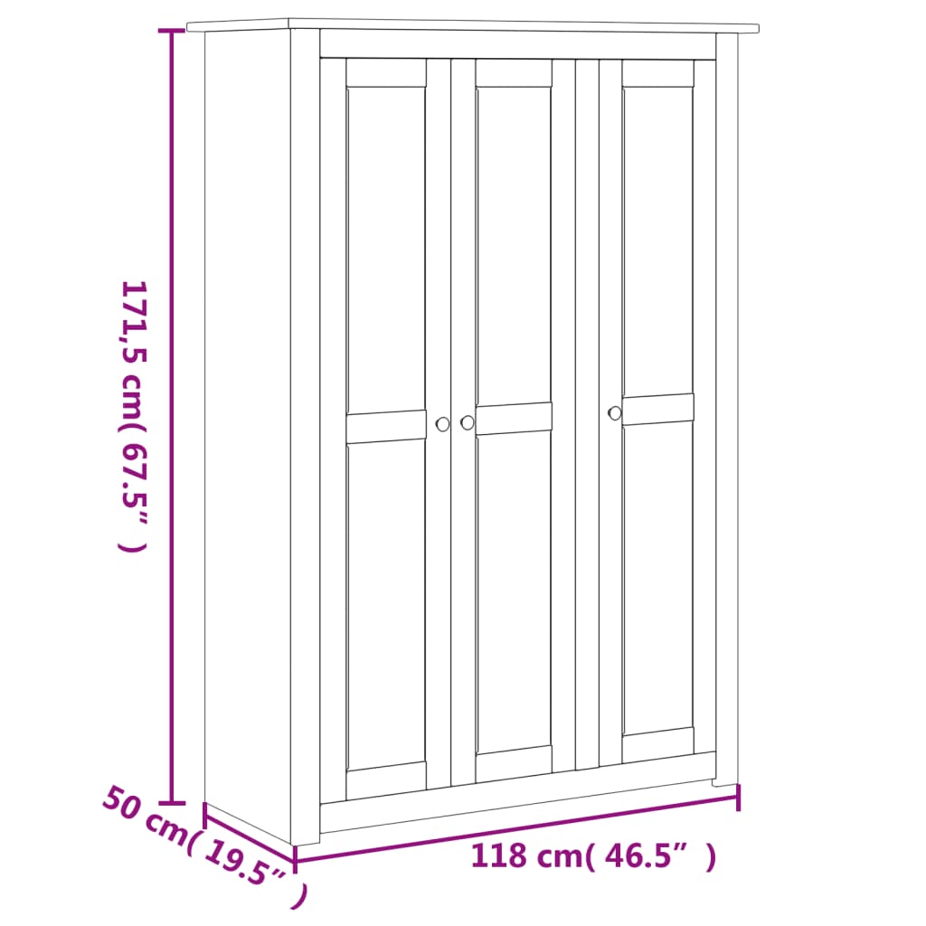 Roupeiro com 3 portas cinzento 118x50x171,5 cm pinho Panamá