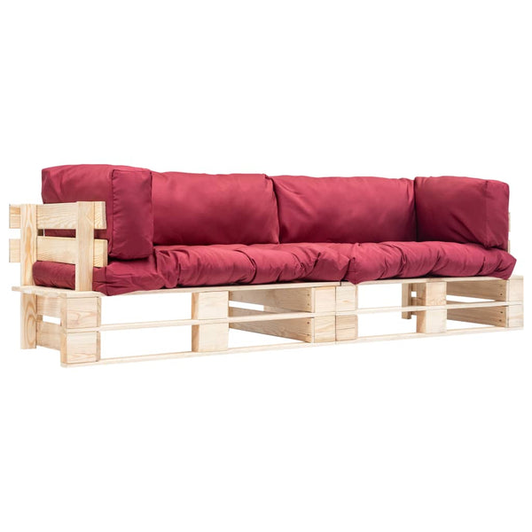 Conj. sofá de paletes 2 pcs com almofadões vermelhos pinho