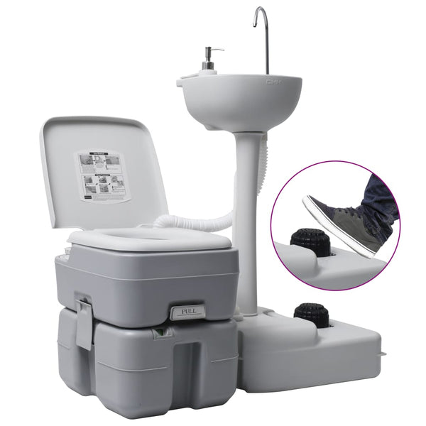 Conjunto sanita portátil com lavatório para campismo cinzento