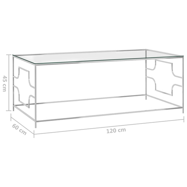 Mesa de centro 120x60x45 cm aço inoxidável prateado e vidro