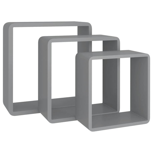 Prateleiras de parede em forma de cubo 3 pcs MDF cinzento