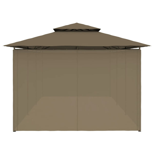 Gazebo c/ cortinas 600x298x270 cm 180 g/m² cinzento-acastanhado