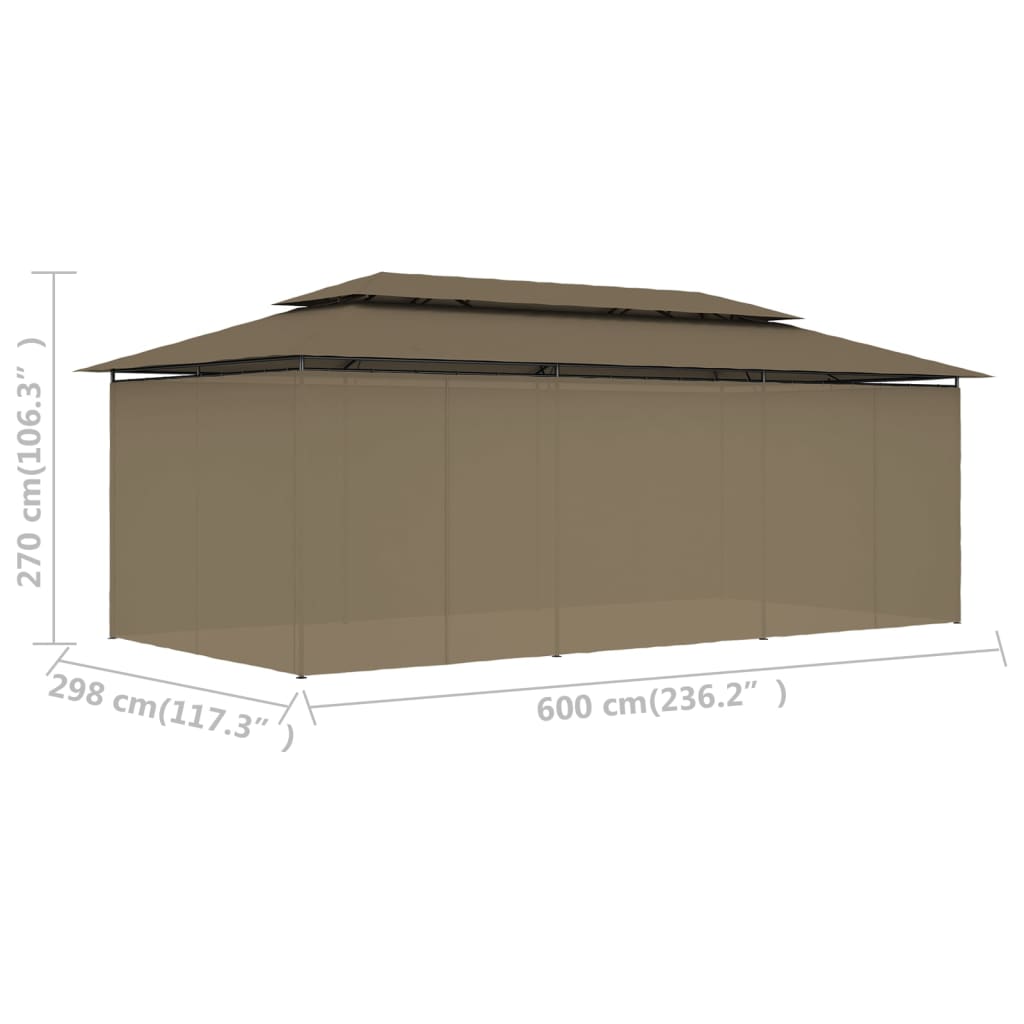 Gazebo c/ cortinas 600x298x270 cm 180 g/m² cinzento-acastanhado