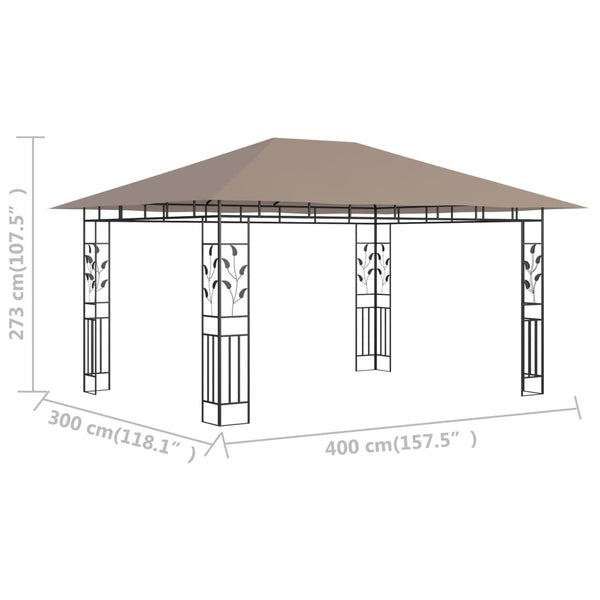 Gazebo c/ rede mosquiteira 4x3x2,73m 180 g/m² cinza-acastanhado