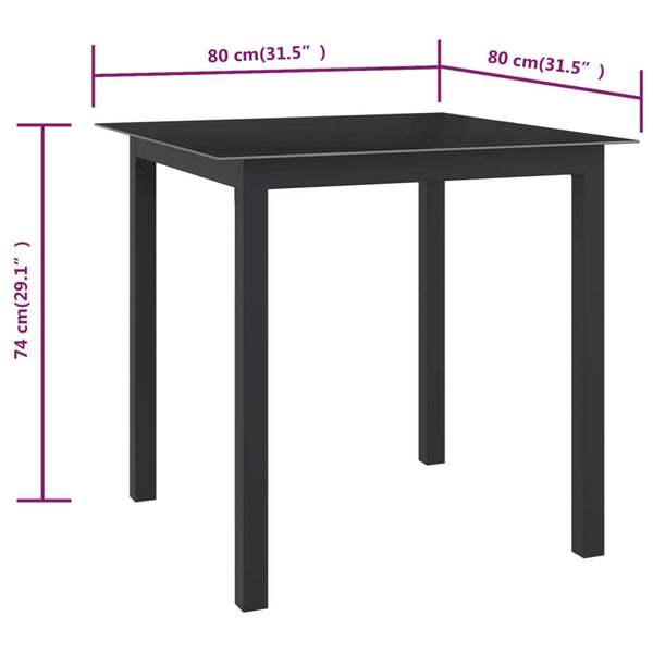 Mesa de jardim em alumínio e vidro 80x80x74 cm preto