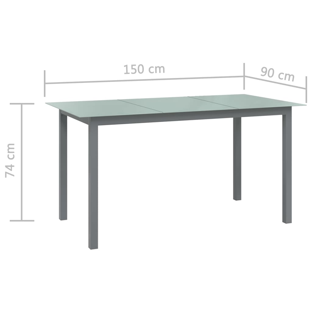 Mesa de jardim em alumínio e vidro 150x90x74 cm cinzento-claro