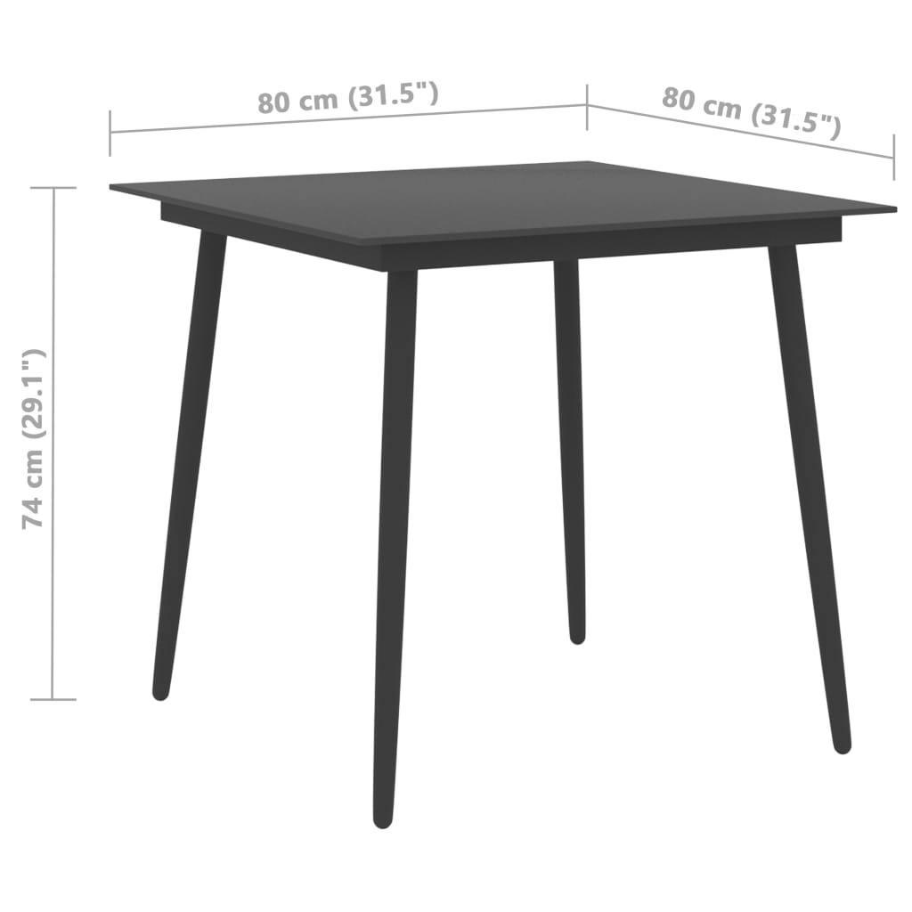 Mesa de jantar para jardim 80x80x74 cm aço e vidro preto