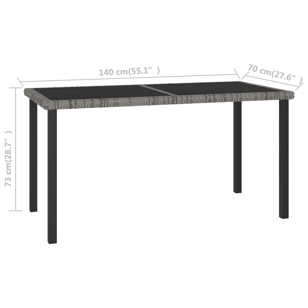 Mesa de jantar para jardim 140x70x73 cm vime PE cinzento