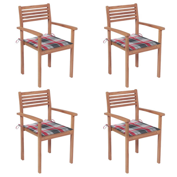 Cadeiras jardim c/ almofadões xadrez vermelho 4 pcs teca maciça