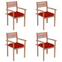 Cadeiras de jardim c/ almofadões vermelhos 4 pcs teca maciça
