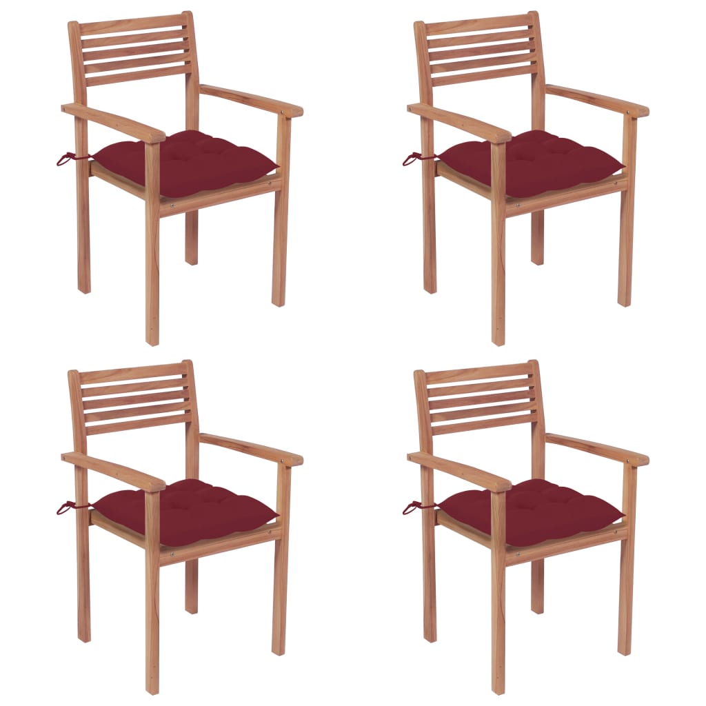 Cadeiras de jardim c/ almofadões vermelho tinto 4 pcs teca maciça