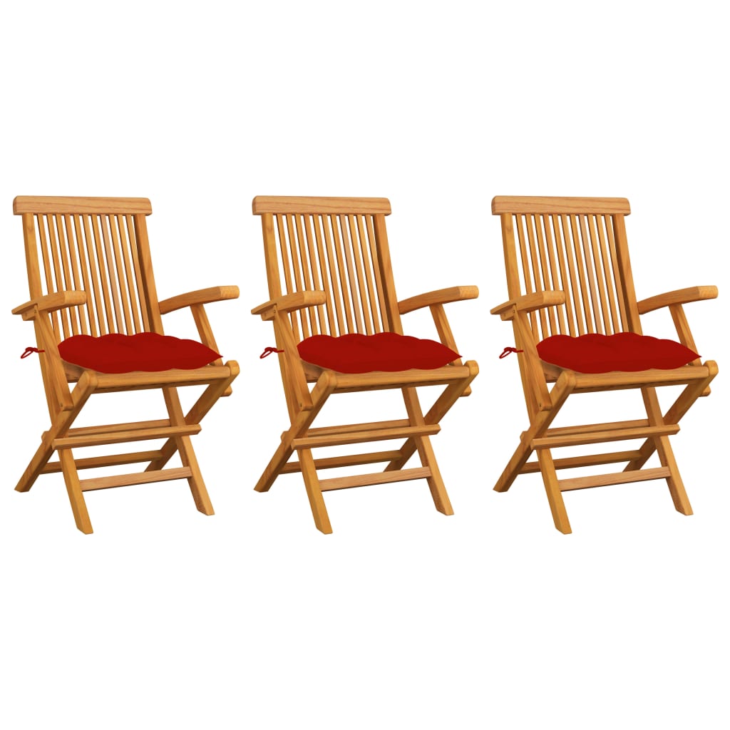 Cadeiras de jardim c/ almofadões vermelhos 3 pcs teca maciça
