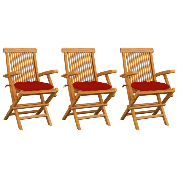 Cadeiras de jardim c/ almofadões vermelhos 3 pcs teca maciça
