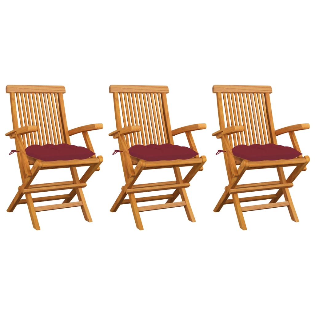 Cadeiras jardim c/ almofadões vermelho tinto 3 pcs teca maciça