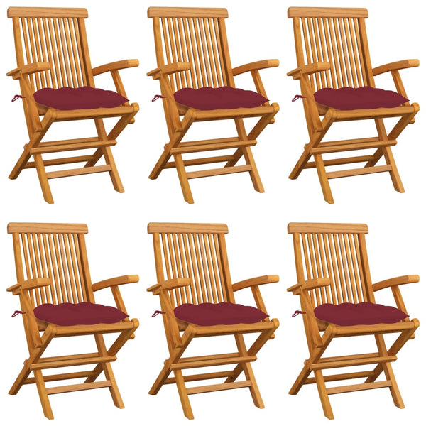 Cadeiras jardim c/ almofadões vermelho tinto 6 pcs teca maciça