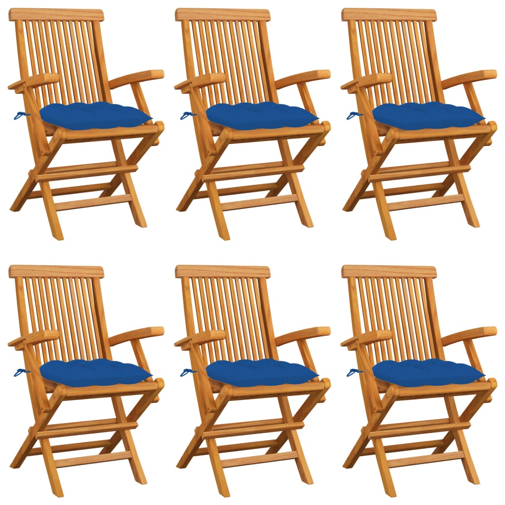 Cadeiras de jardim com almofadões azuis 6 pcs teca maciça