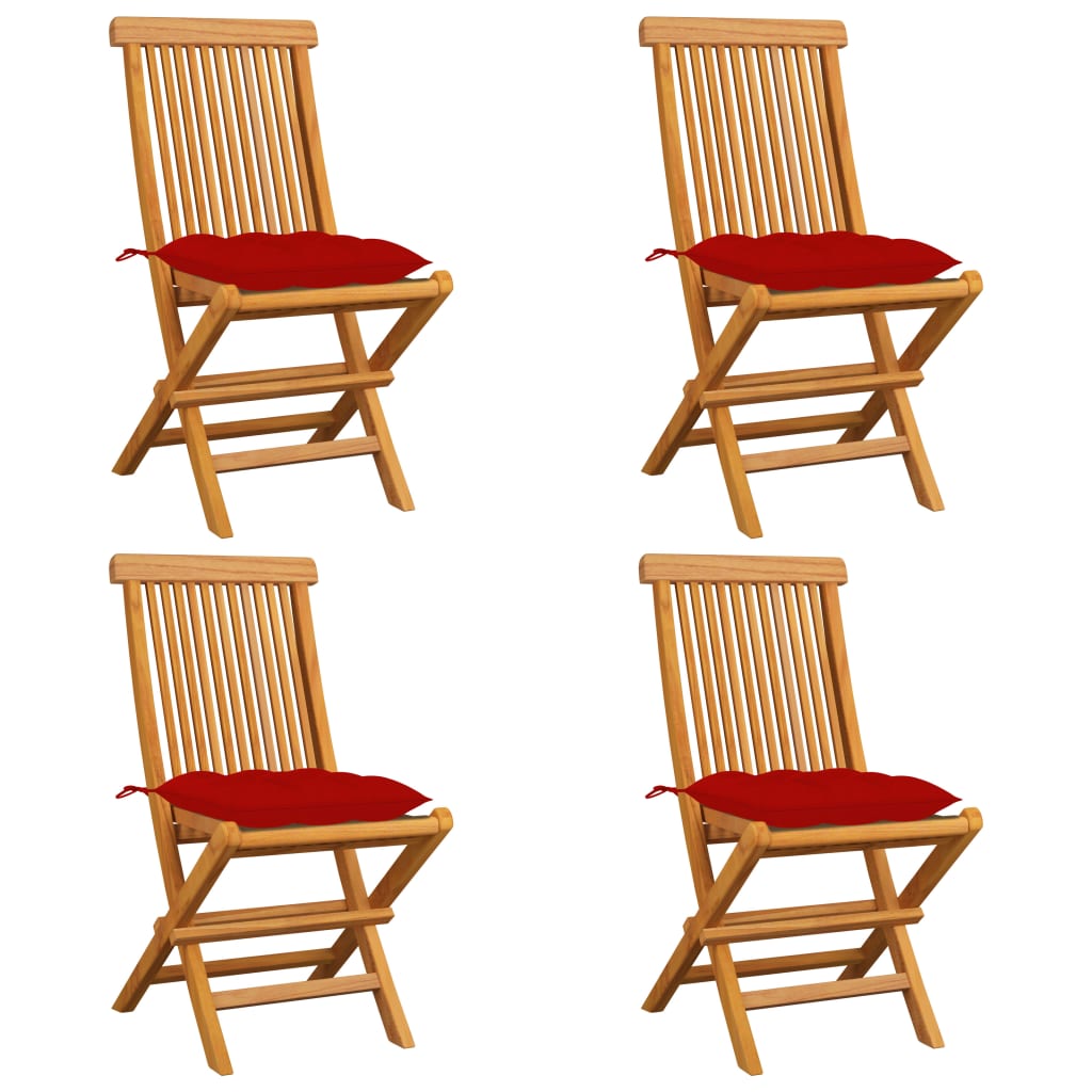 Cadeiras de jardim c/ almofadões vermelhos 4 pcs teca maciça