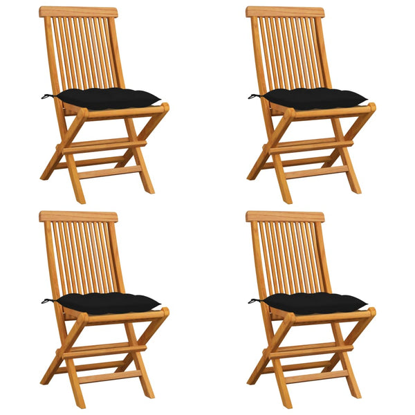 Cadeiras de jardim c/ almofadões pretos 4 pcs teca maciça