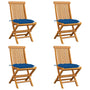 Cadeiras de jardim c/ almofadões azuis 4 pcs teca maciça