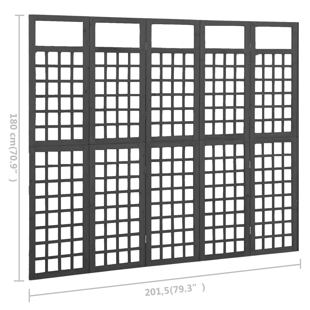 Biombo/treliça 5 painéis abeto maciço 201,5x180 cm preto