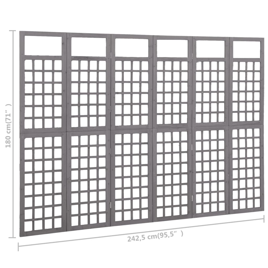 Biombo/treliça 6 painéis abeto maciço 242,5x180 cm cinzento