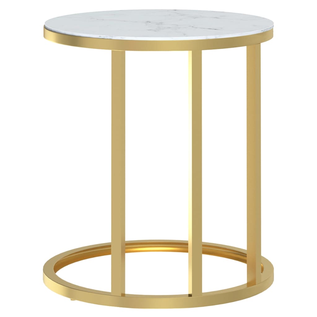 Mesa de apoio 45 cm dourada e vidro temperado branco mármore