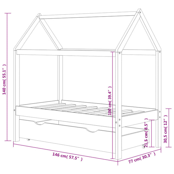 Estrutura de cama para crianças c/ gaveta 70x140cm pinho maciço