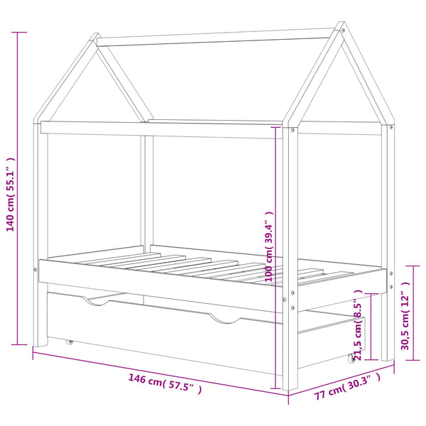 Cama p/ crianças c/ gaveta 70x140 cm pinho maciço cinza-escuro