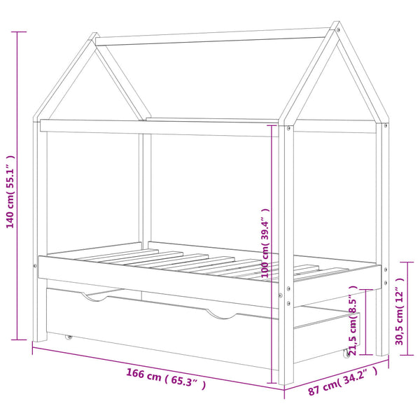 Cama p/ crianças c/ gaveta 80x160 cm pinho maciço cinza-escuro