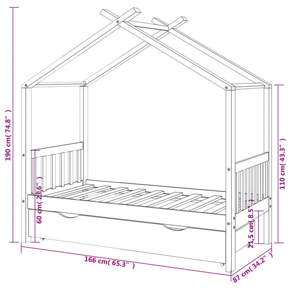 Estrutura cama criança c/ gaveta 80x160 cm pinho maciço branco