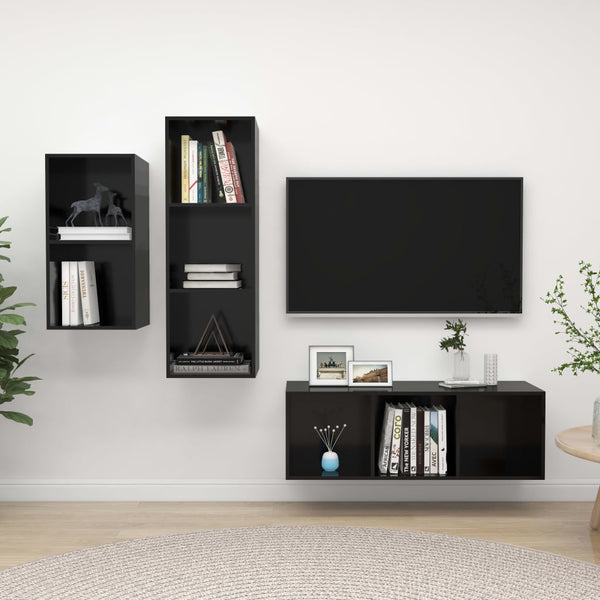 3pcs conjunto de móveis de TV derivados madeira preto brilhante