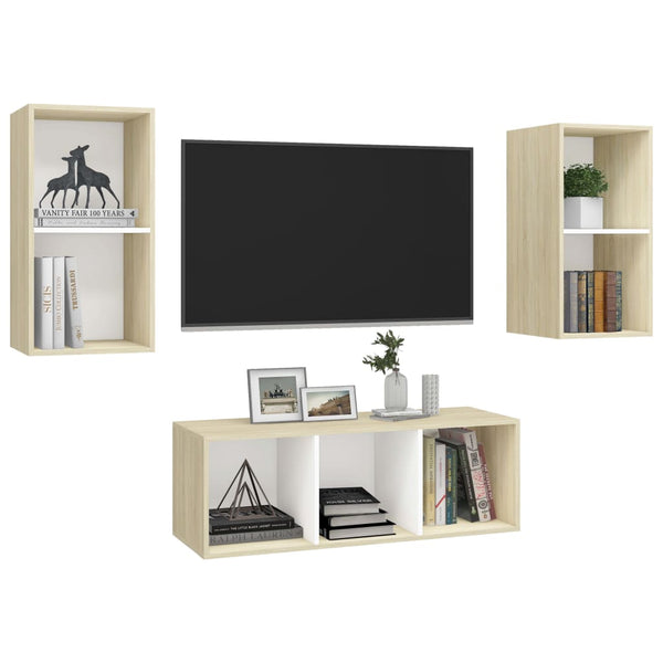 3pcs conj. móveis TV derivados madeira branco/carvalho sonoma