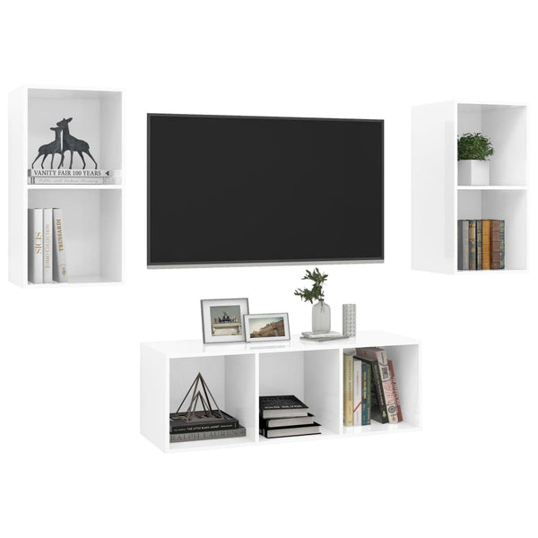 3 pcs conjunto móveis de TV derivados madeira branco brilhante
