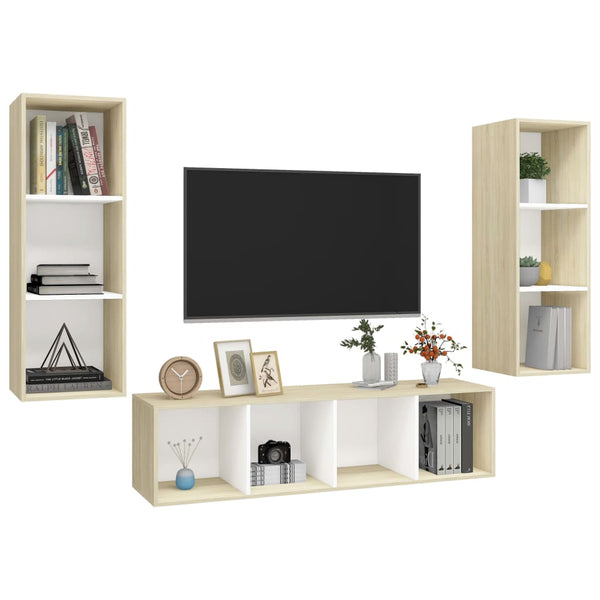 3pcs conj. móveis TV derivados madeira branco/carvalho sonoma