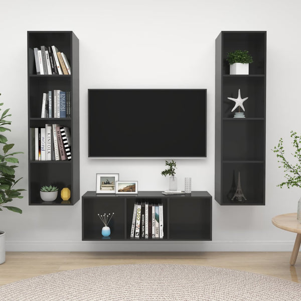 3 pcs conjunto móveis de TV derivados madeira cinza brilhante