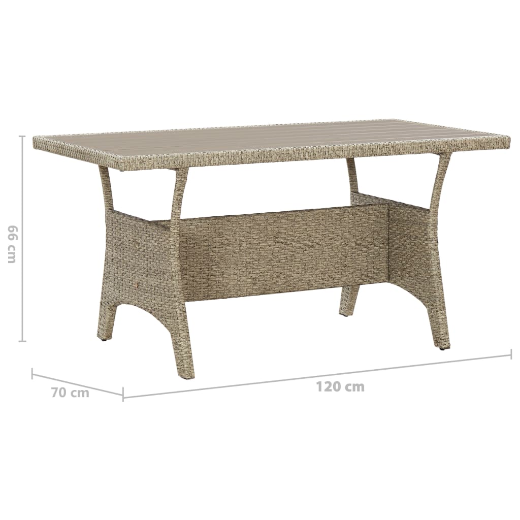 Mesa de jardim 120x70x66 cm vime PE cinzento