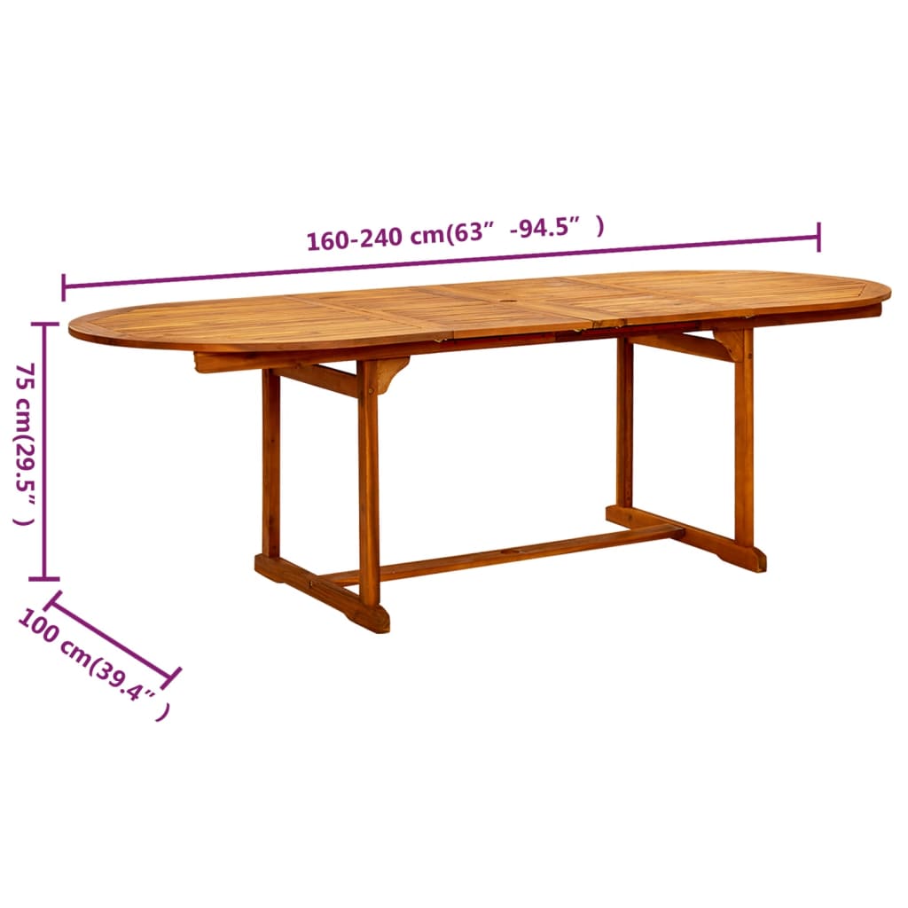 Mesa de jantar p/ jardim (160-240)x100x75 cm acácia maciça