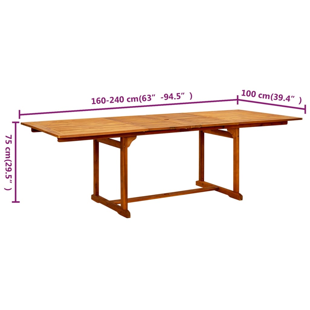 Mesa de jantar p/ jardim (160-240)x100x75 cm acácia maciça