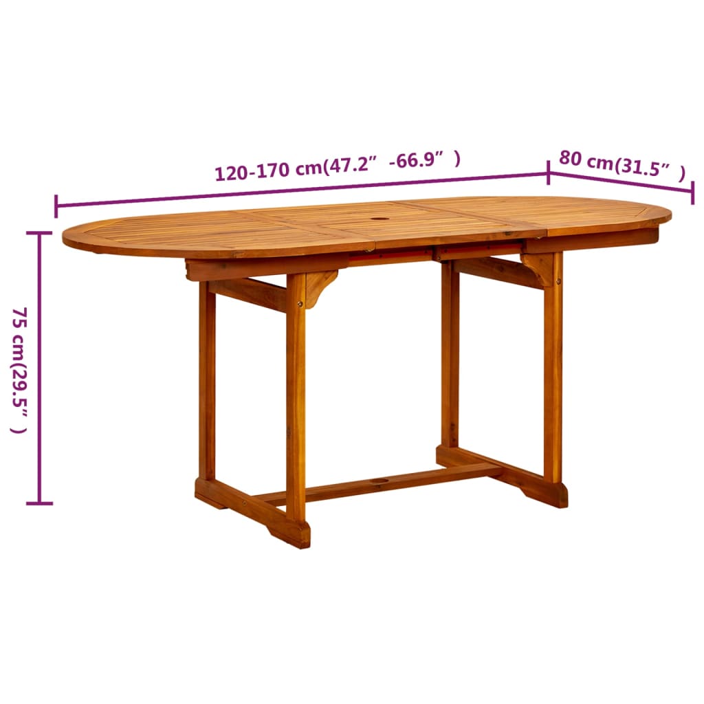 Mesa de jantar p/ jardim (120-170)x80x75 cm acácia maciça