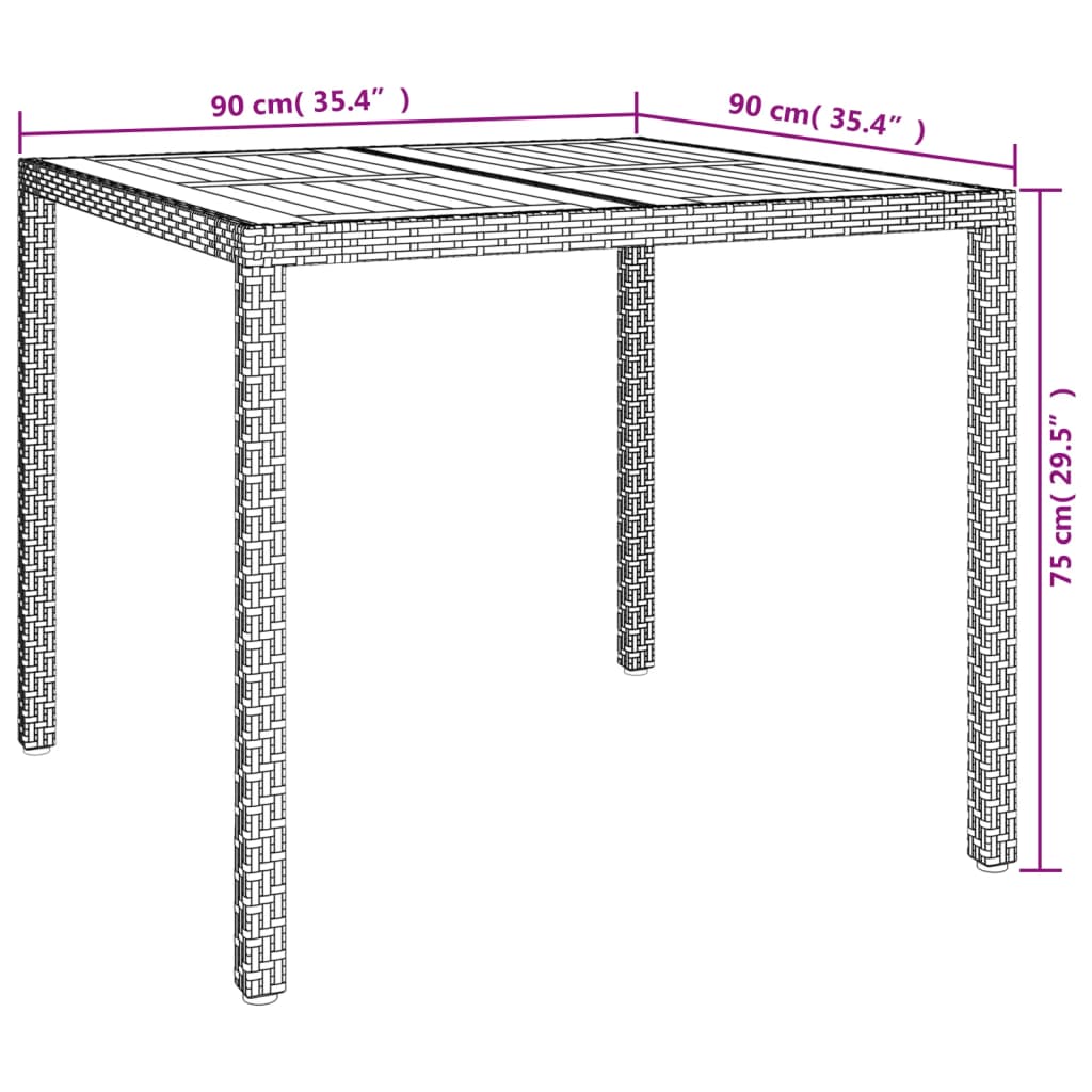 Mesa de jardim 90x90x75 cm vime PE e madeira de acácia cinzento