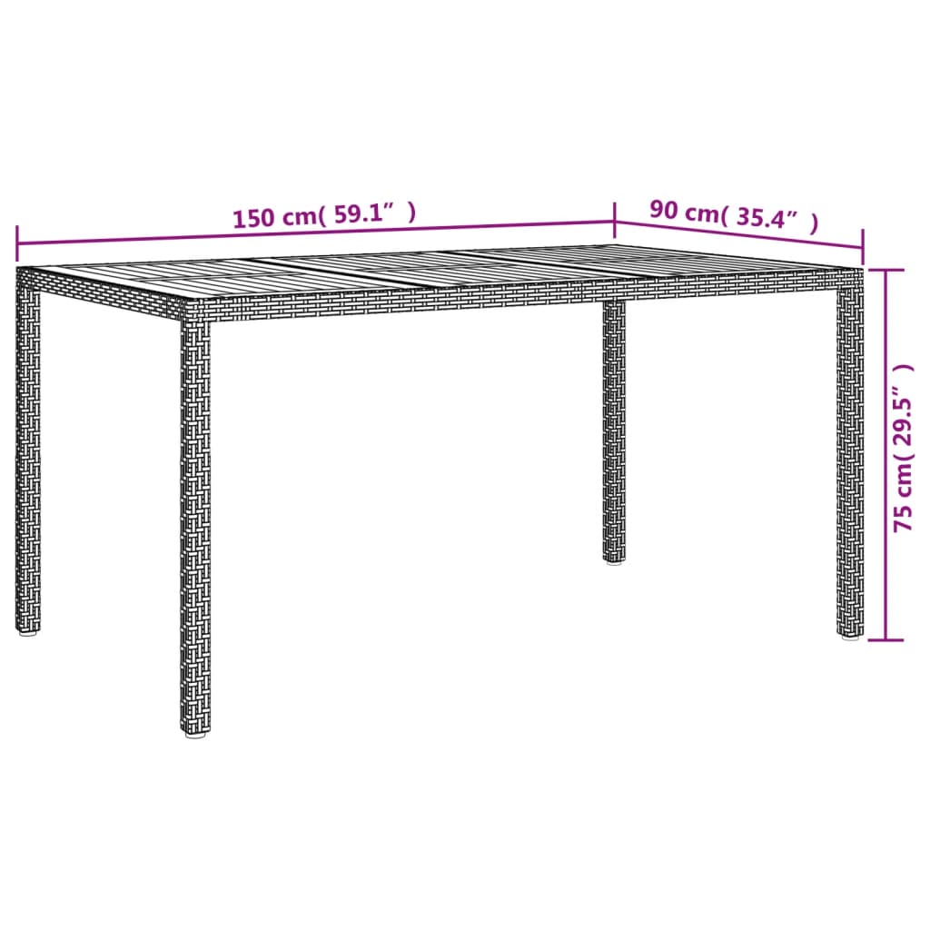 Mesa de jardim 150x90x75cm vime PE e madeira de acácia cinzento