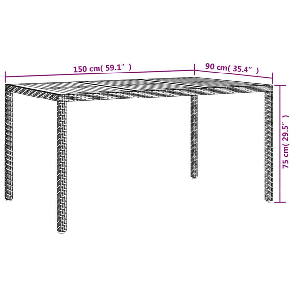 Mesa de jardim 150x90x75cm vime PE e madeira de acácia cinzento